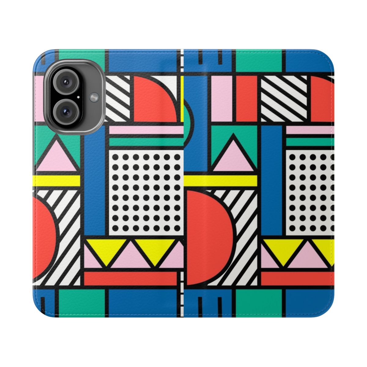 Vibrant geometric Memphis-style color block design on a flip phone case