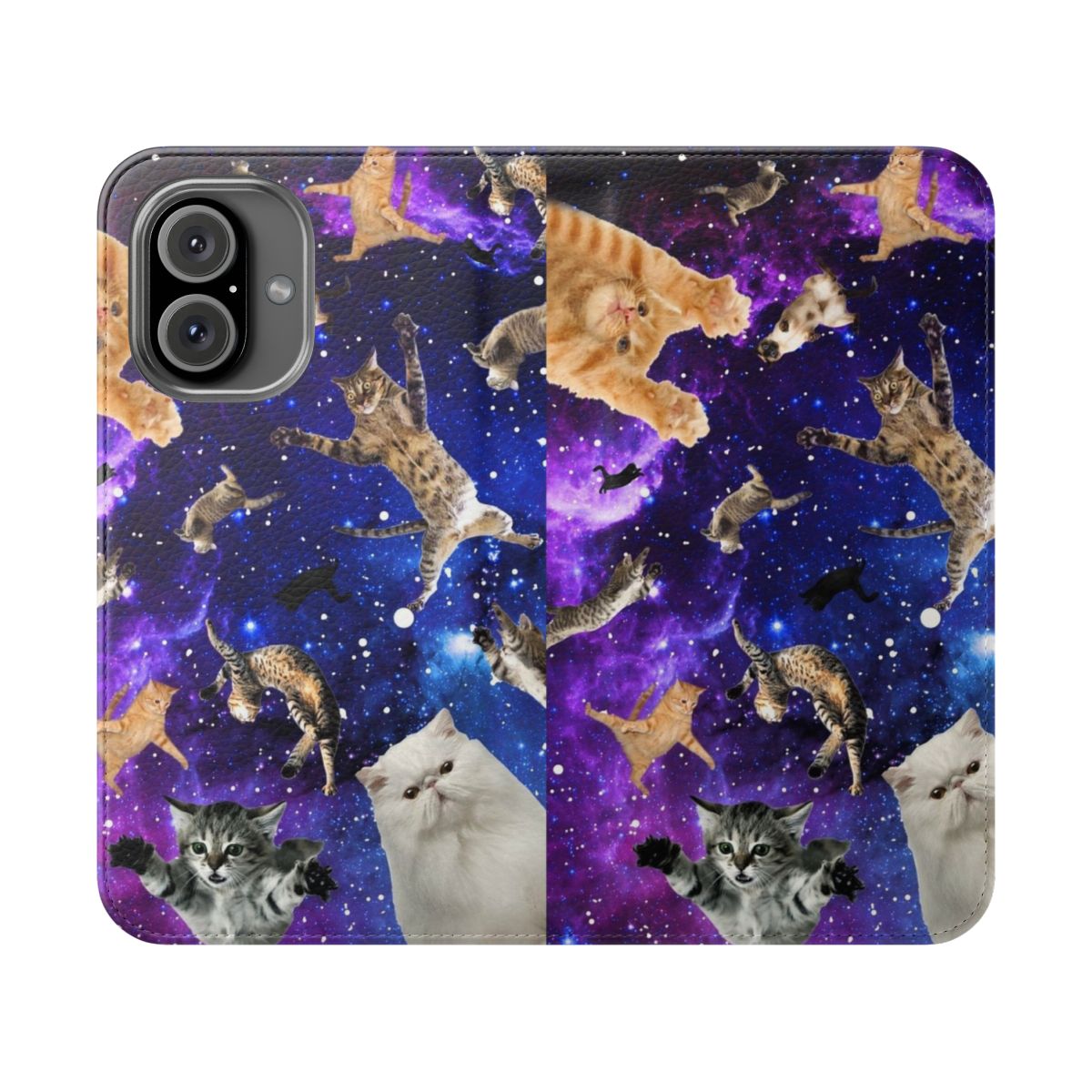 A fun and stylish phone case featuring whimsical space cats floating amongst the stars.