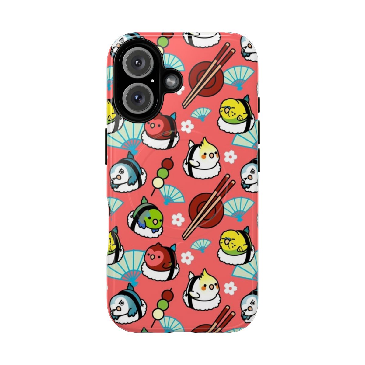 Vibrant phone case featuring a lovebird and sushi design