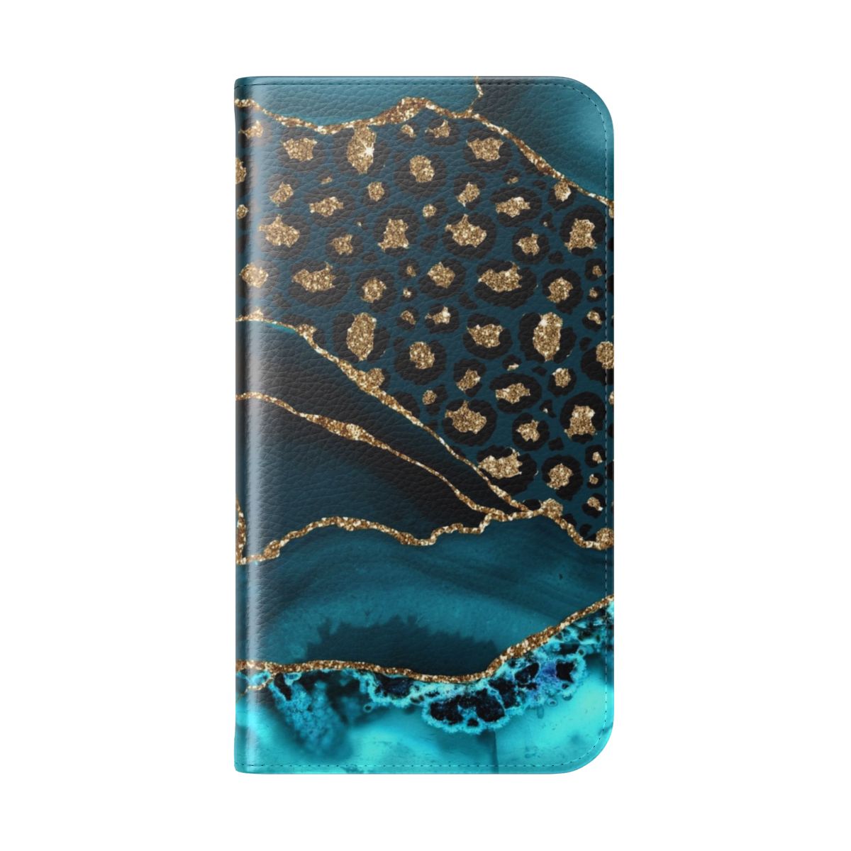 Teal and gold leopard agate inspired flip phone case - Folded Back