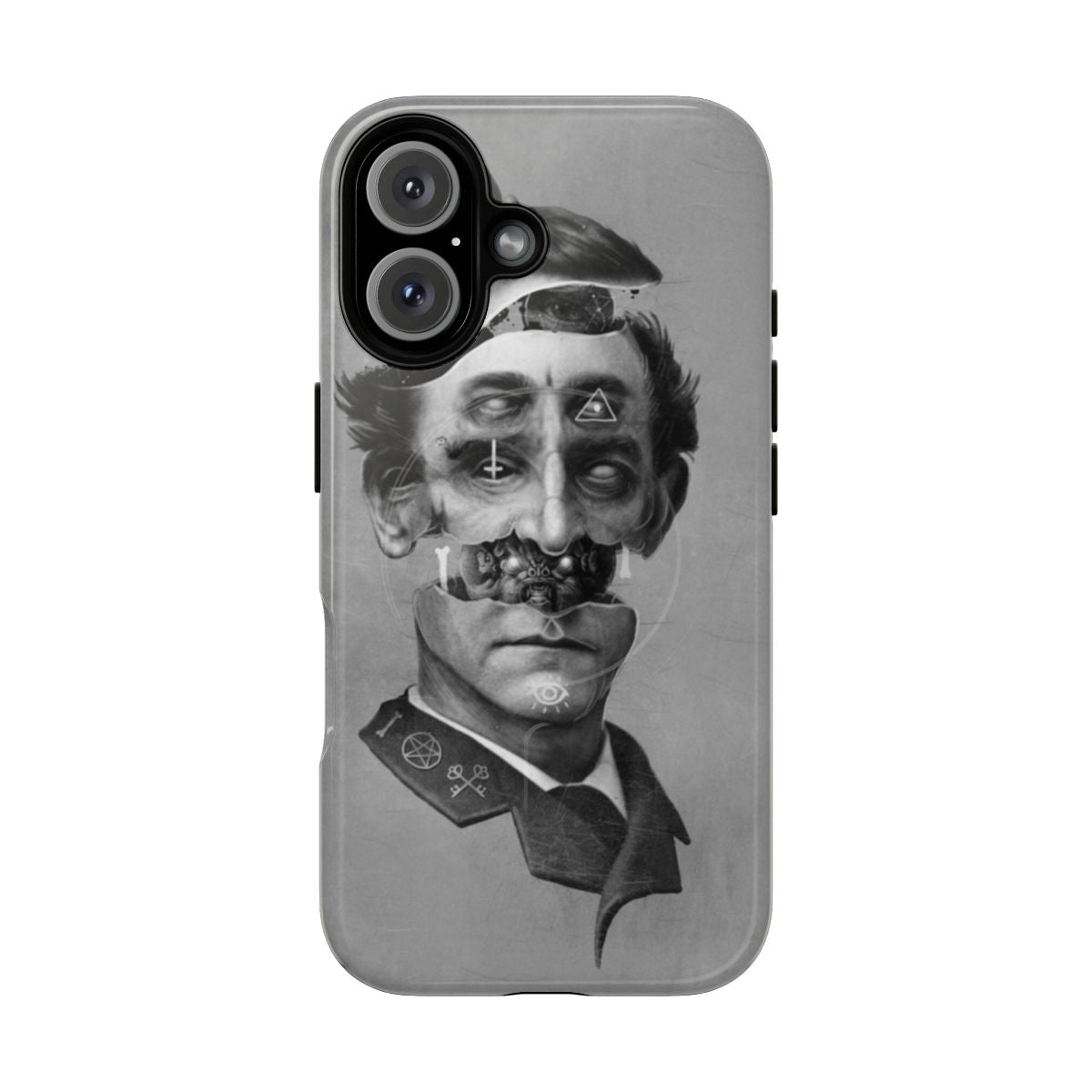 Visionary magnetic phone case with occult, dark art design featuring creepy portrait with scary eyes and mystical symbols