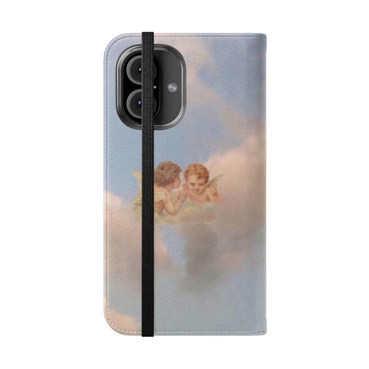 Flip cover phone case featuring a design with renaissance-style cherubs and angels in a sky background. - Folded Front