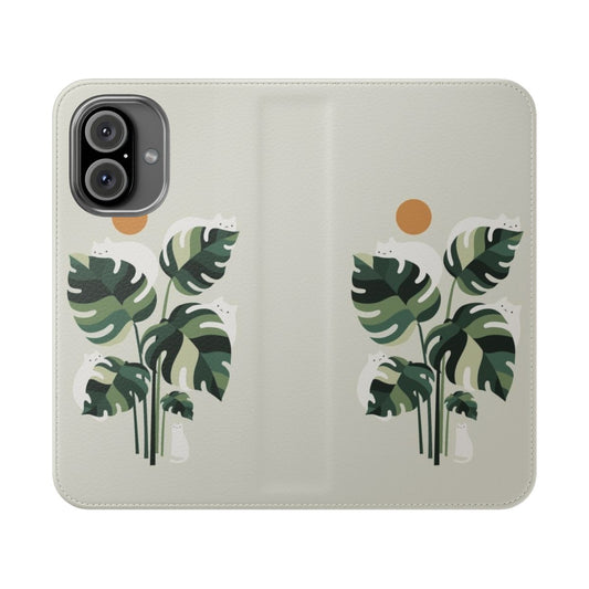 Image of a cat and monstera plant printed on a flip phone case