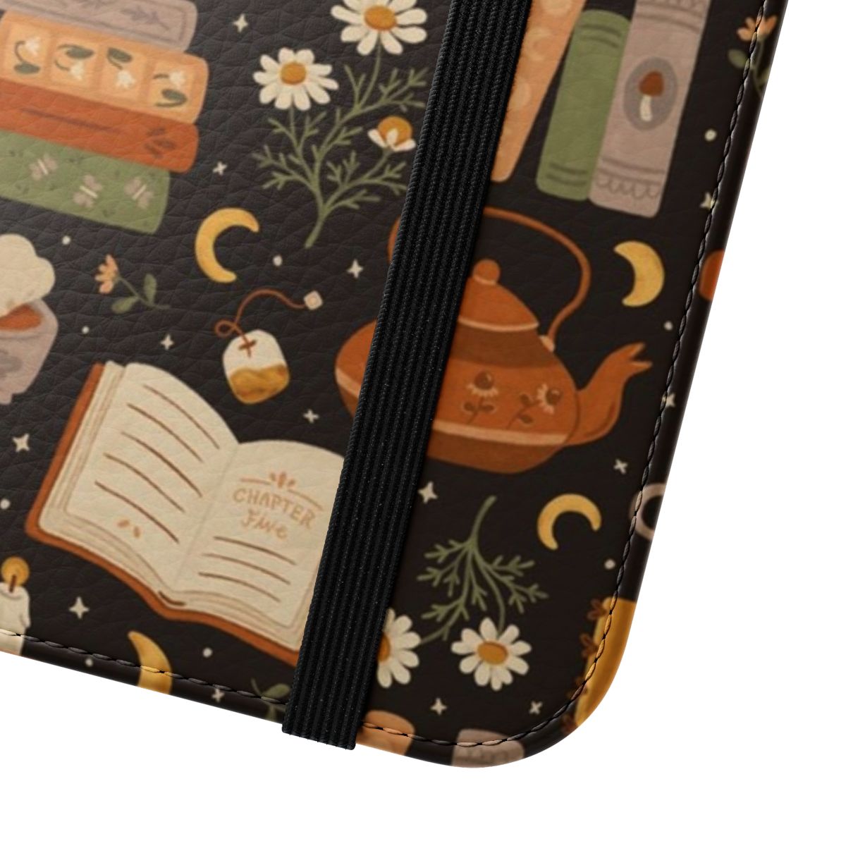 A cozy flip phone case with a dreamy, botanical design featuring books, flowers, and a crescent moon. - Close Up