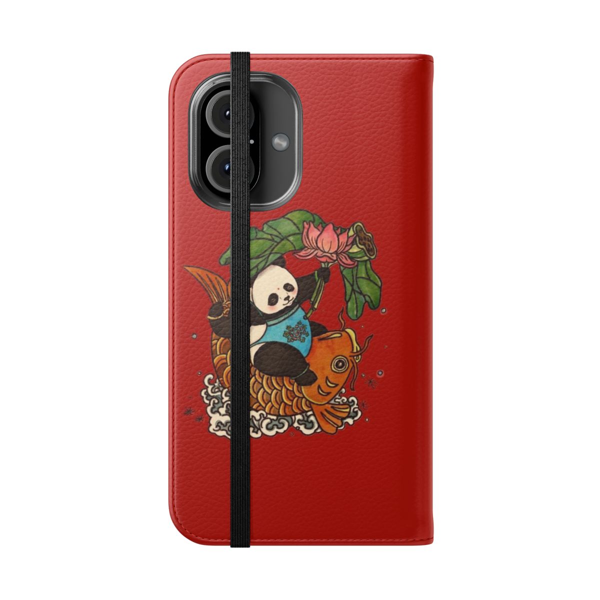 Flip cover phone case with hand-drawn panda, koi, and floral designs in an Asian-inspired style. - Folded Front