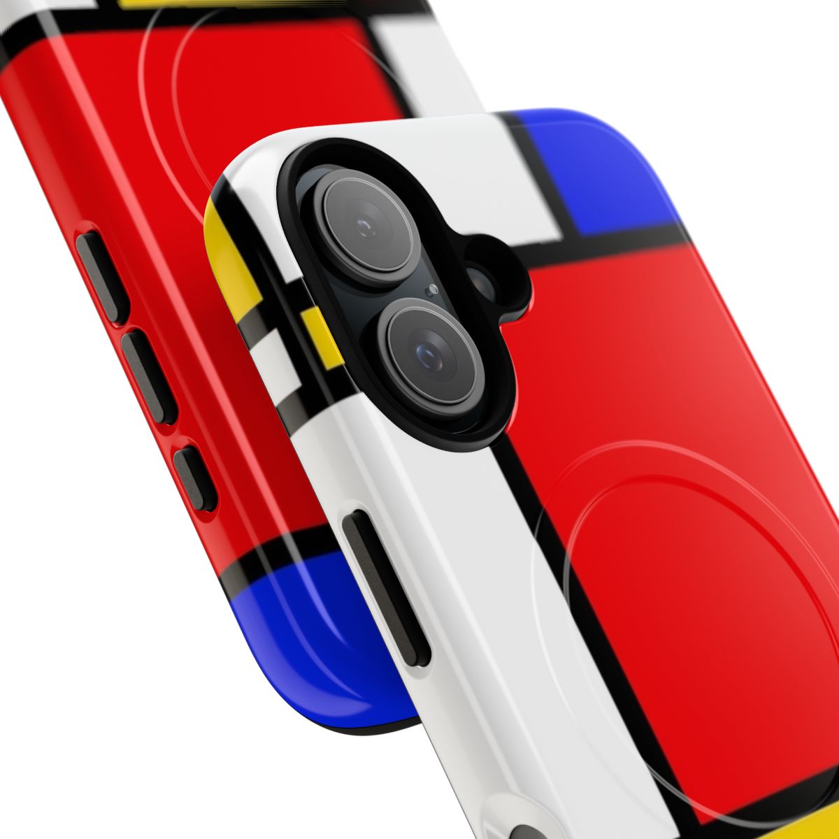 A colorful, modern phone case with a Piet Mondrian-inspired abstract art design. - Detail