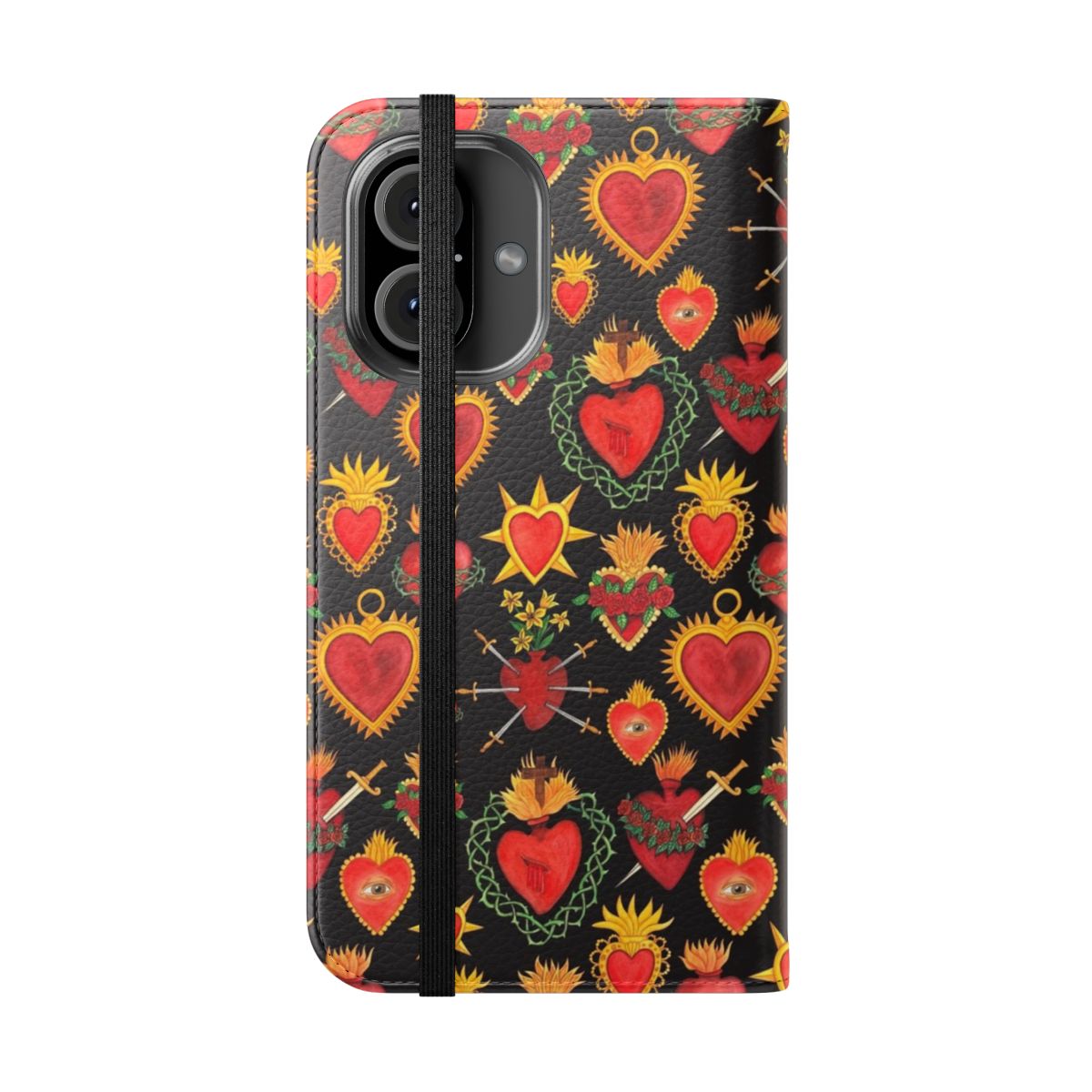 Stylized sacred heart design on a flip cover phone case - Folded Front