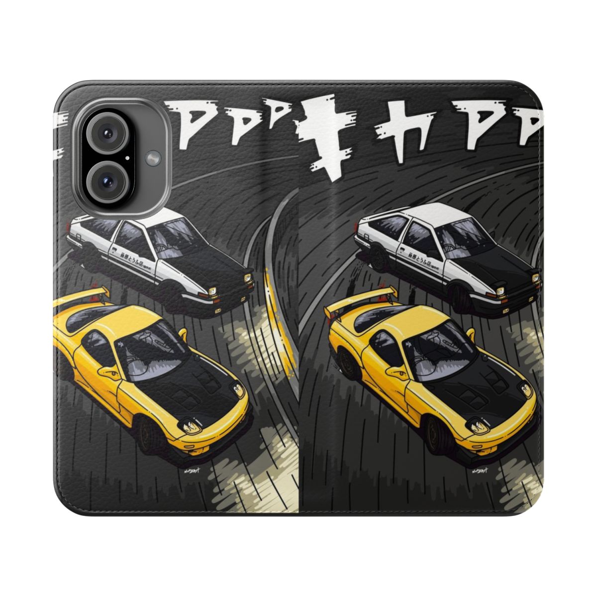 Stylized Initial D inspired artwork featuring an RX7 and AE86 on a phone case.