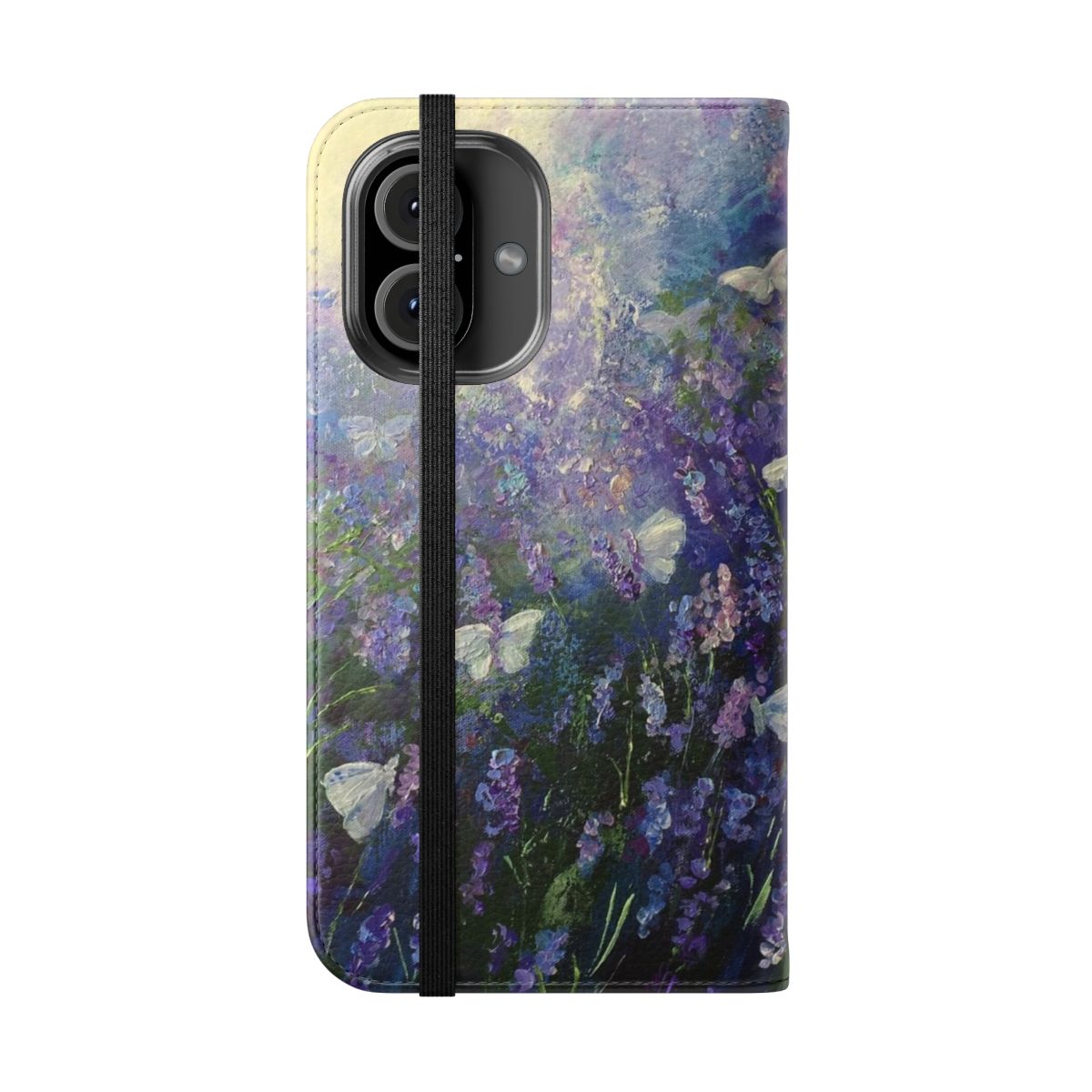 A phone case featuring a lavender and butterfly design in an impressionist style. - Folded Front