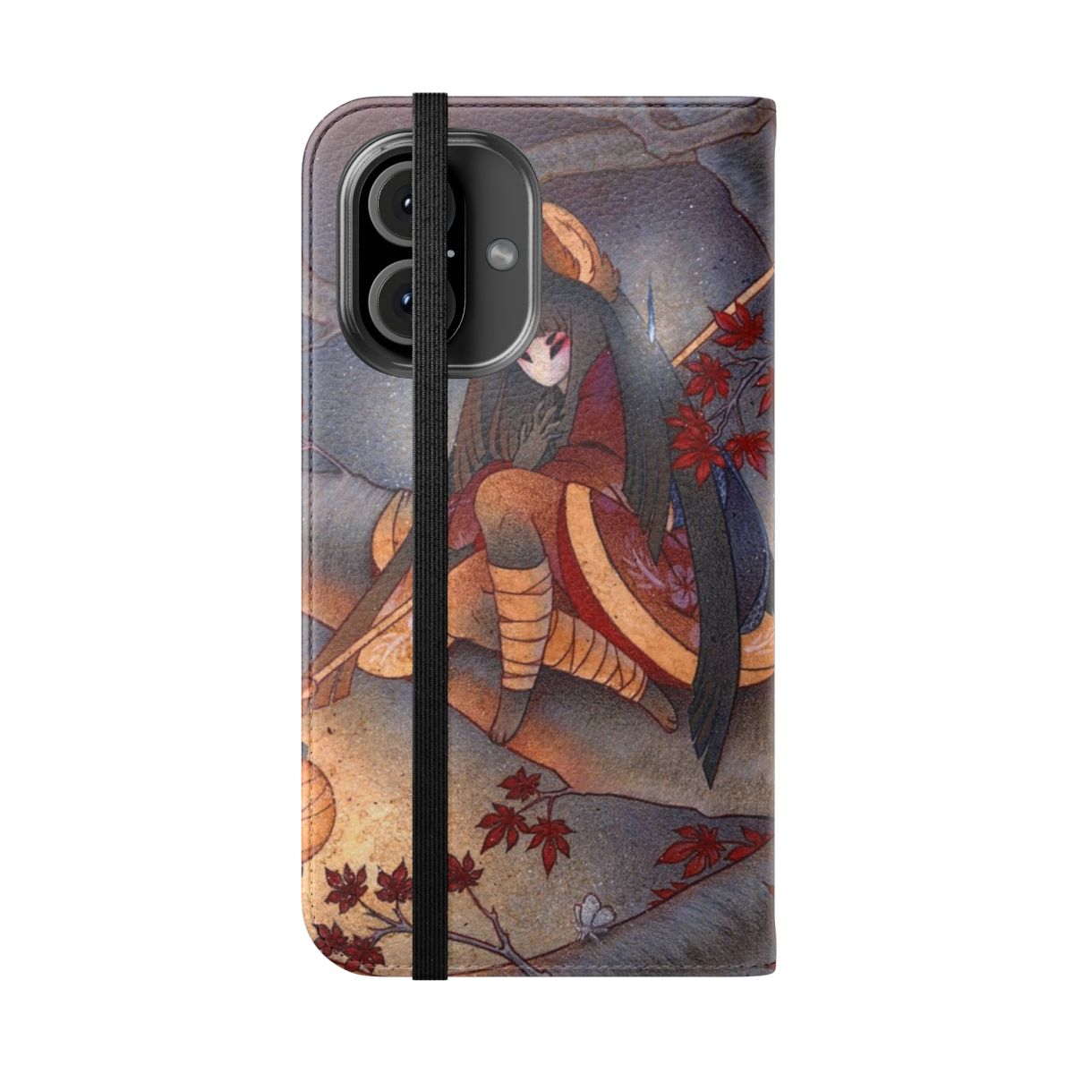 Artistic illustration of a kitsune (Japanese fox spirit) with a lantern in a night forest with Japanese maple trees. - Folded Front