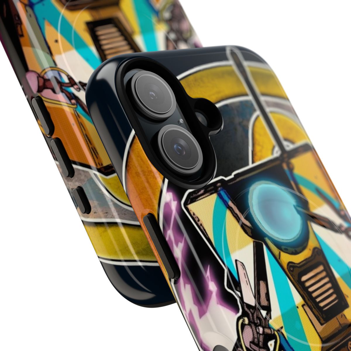 Borderlands-inspired phone case featuring Claptrap in a psycho pose and peace sign design - Detail