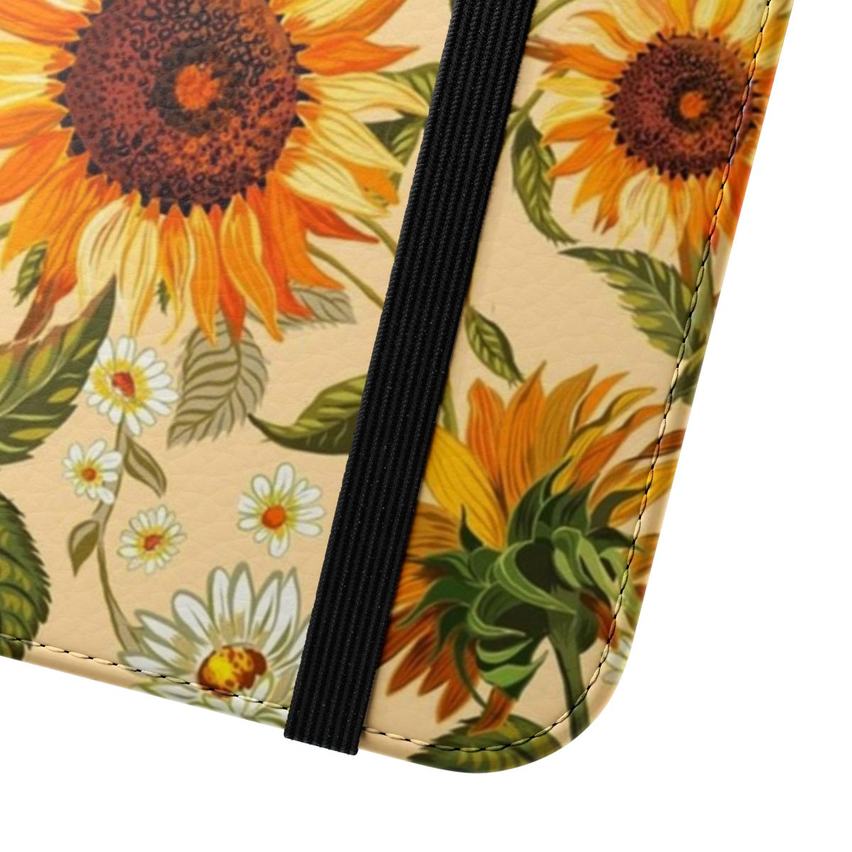 Colorful sunflower phone case with a retro 70s vintage floral pattern in yellow and orange hues - Close Up