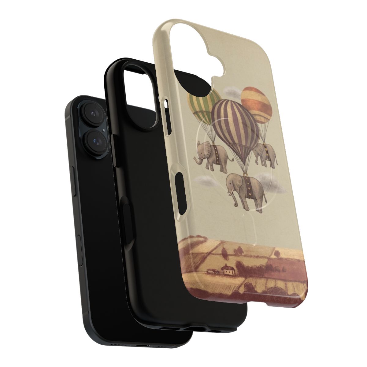 Vintage-style phone case with a digital illustration of flying elephants in a fantasy landscape - Layers