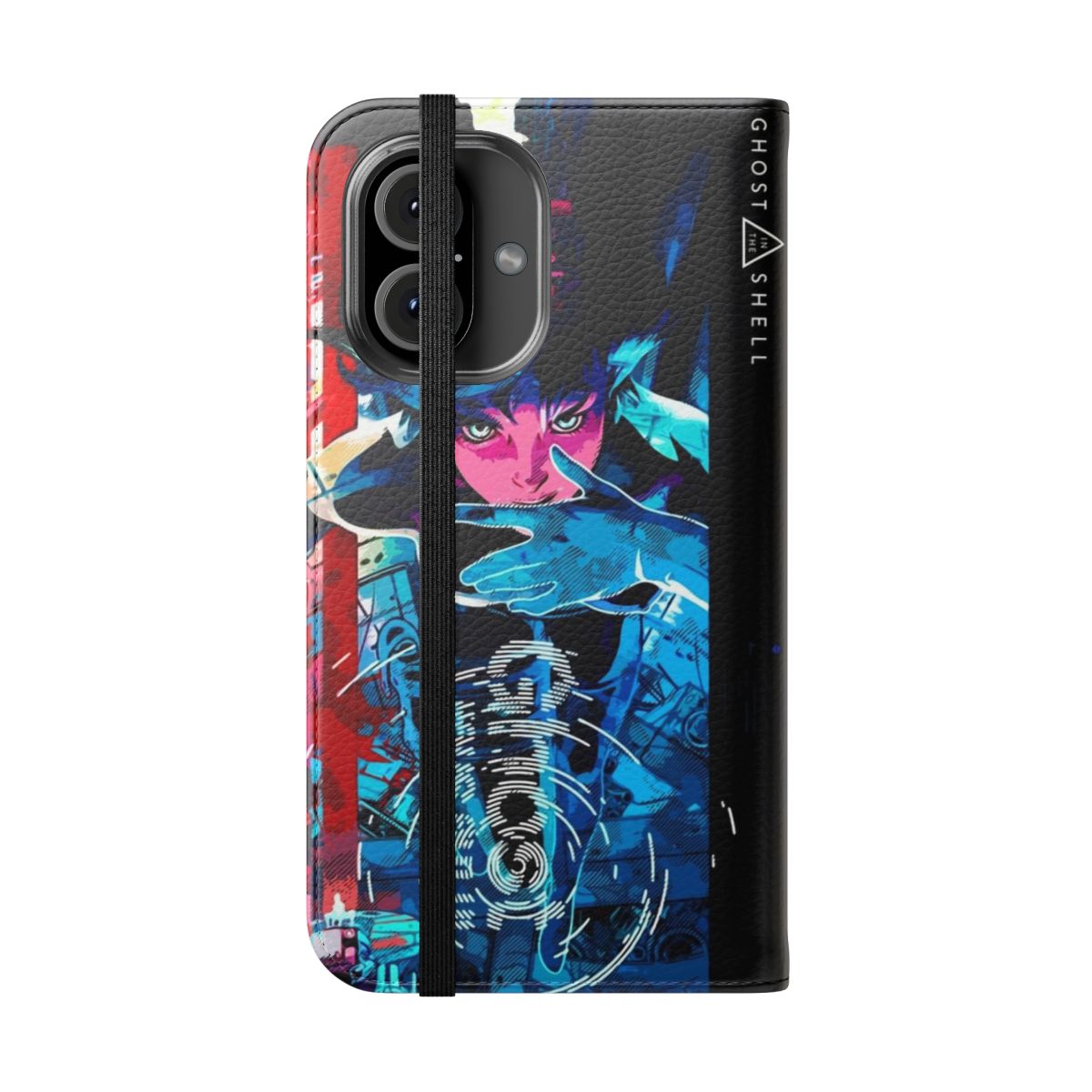 Cyberpunk-inspired anime phone case featuring Motoko Kusanagi from Ghost in the Shell - Folded Front