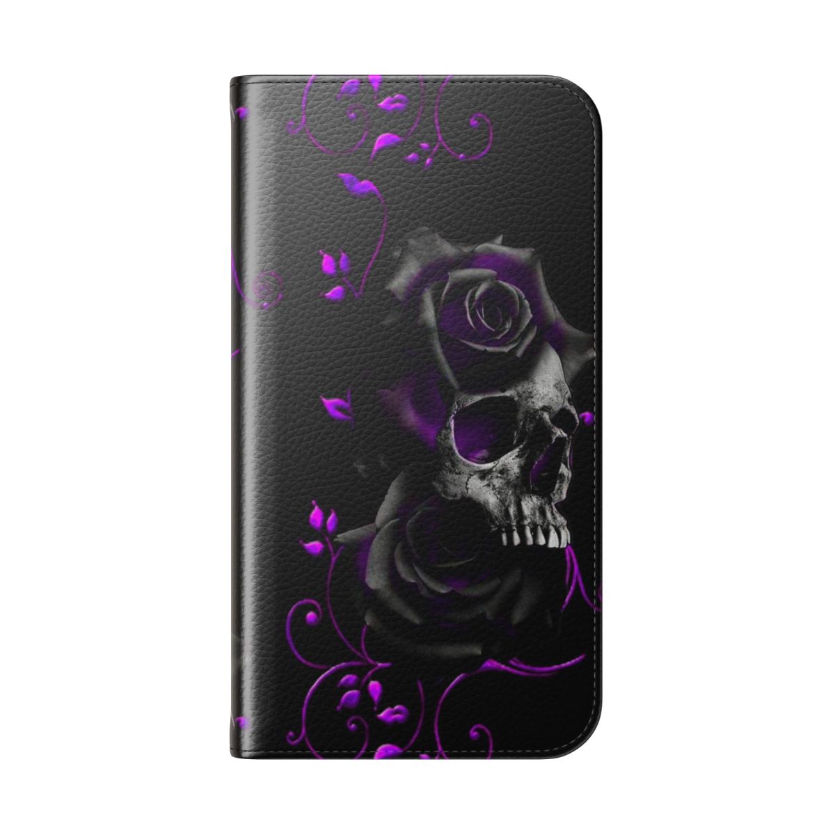 A black phone case with a skull and black and purple roses design - Folded Back