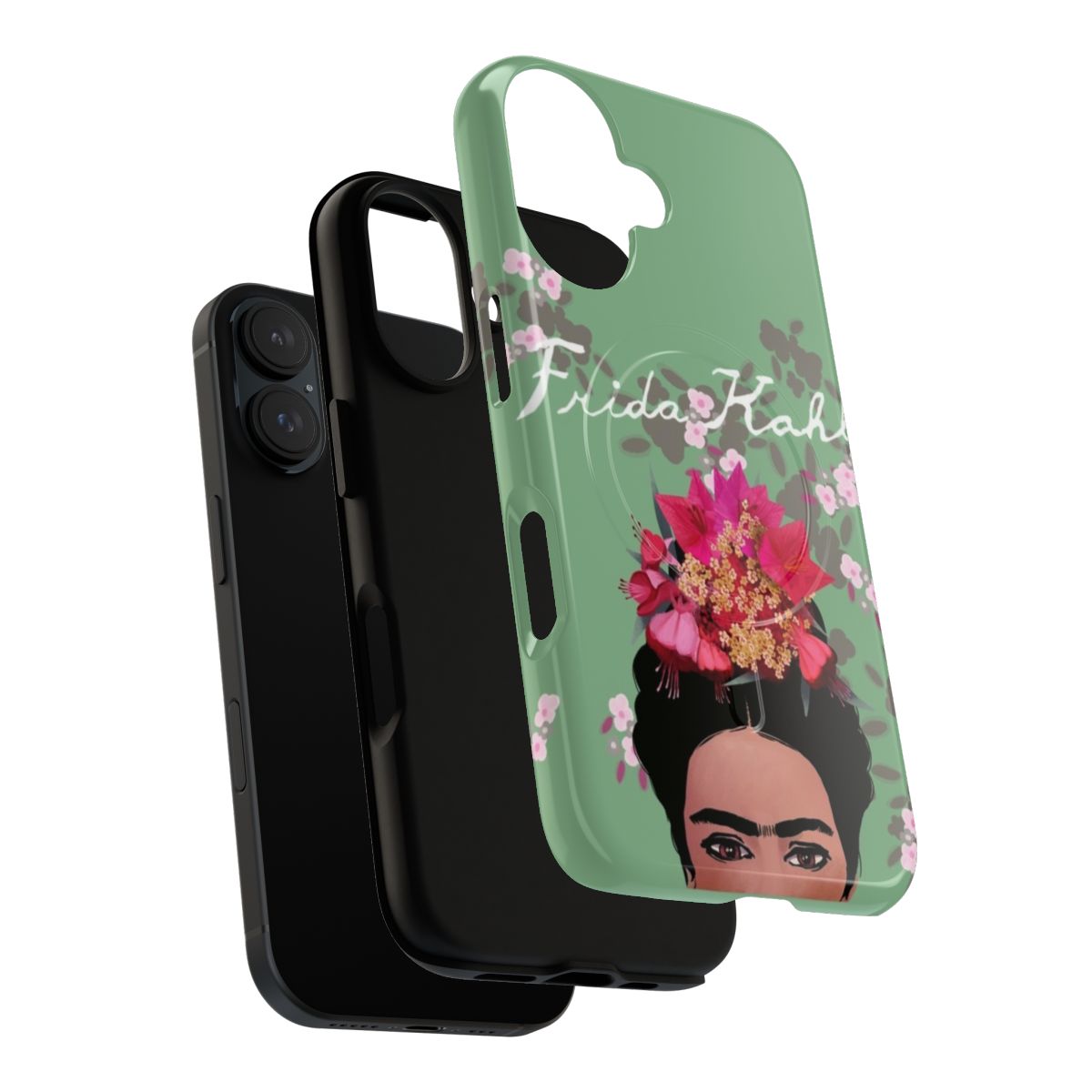 Vibrant and artistic phone case featuring a portrait of Mexican painter Frida Kahlo surrounded by colorful flowers and leaves. - Layers