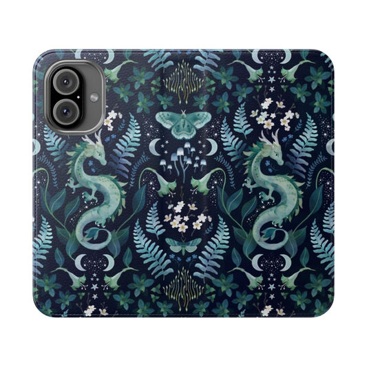 Artistic phone case featuring a mystic woodland dragon in watercolor shades of green and blue with floral and nature elements.