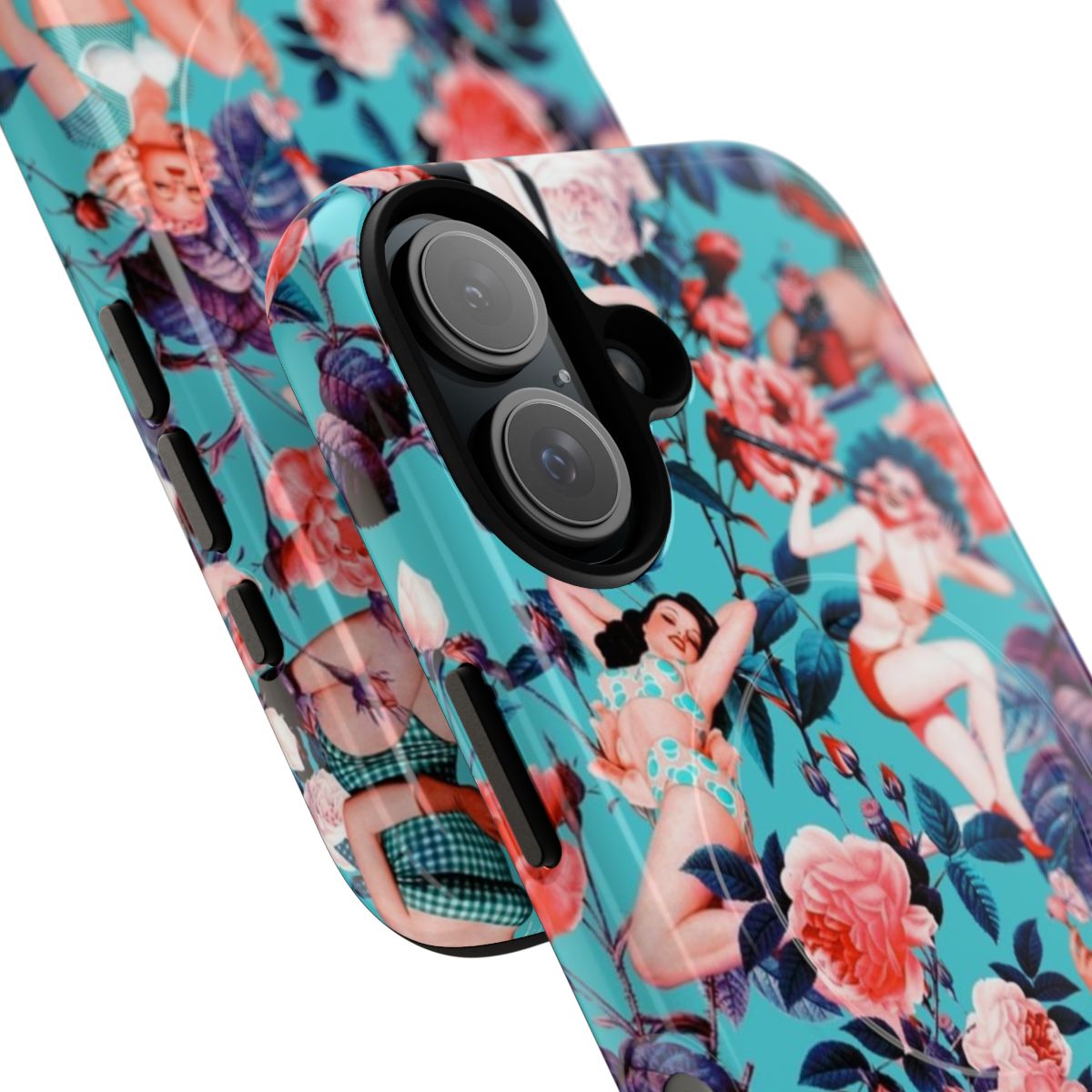 Retro floral pinup design on a tough magnetic phone case - Detail