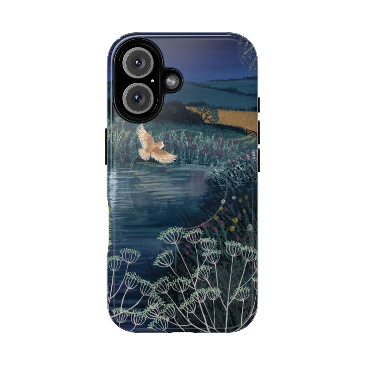 Moonlit pool and night sky phone case design featuring owls and a crescent moon