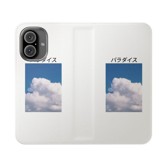 Minimalist phone case with a low quality, simple paradise clouds design in a Japanese aesthetic style.