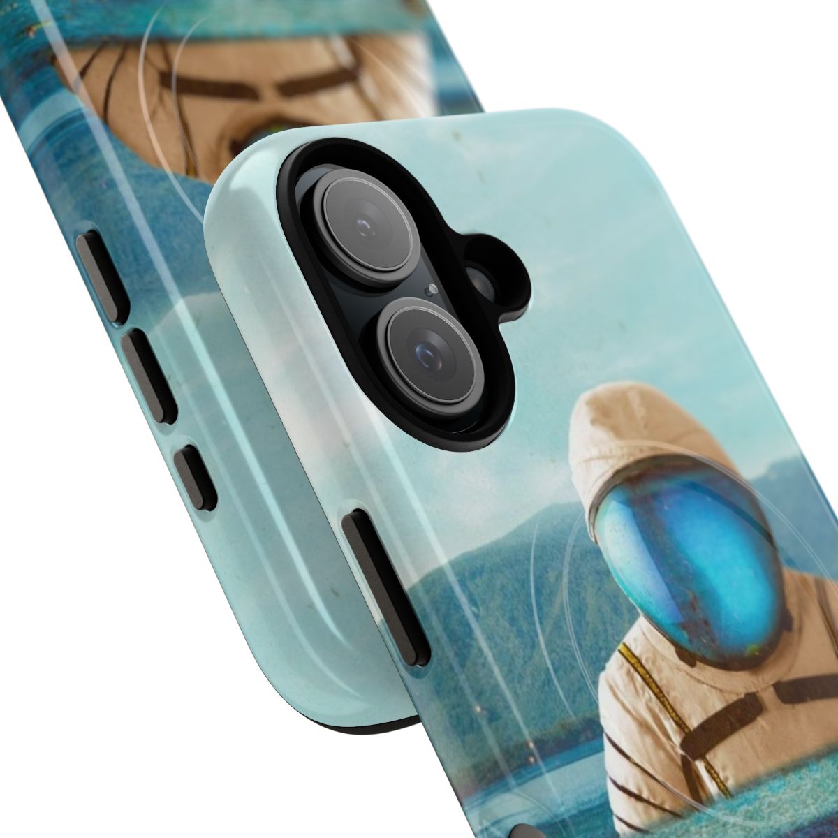 Surreal artwork phone case featuring a collage of digital art, sci-fi elements, and an astronaut on a beach. - Detail