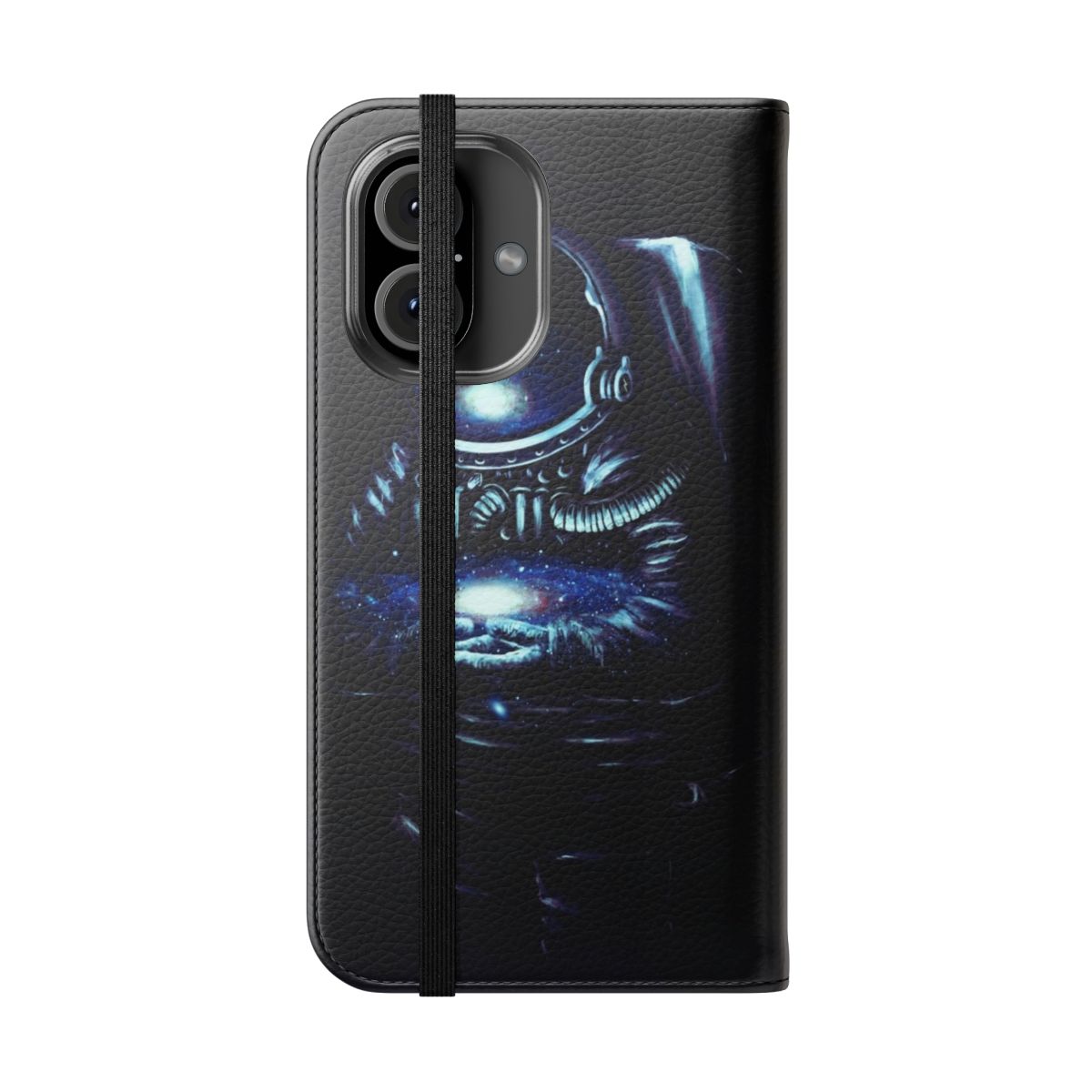 A stylish and protective phone case with a surreal, space-themed design featuring galaxies, stars, and an astronaut. - Folded Front