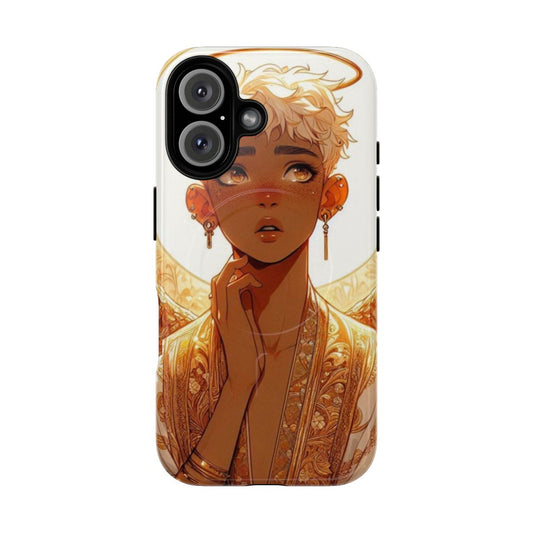 Illustration of a celestial guardian angel with halo, wings, and freckles in a mystical, ethereal design for a fantasy-themed phone case.