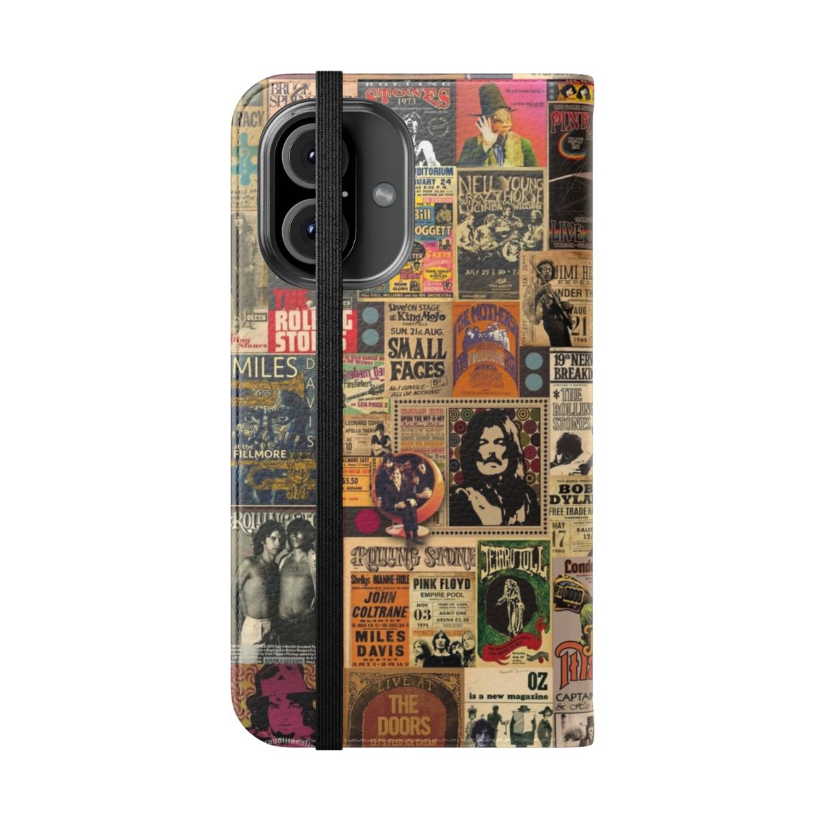 Retro music-themed flip cover phone case with psychedelic collage design - Folded Front