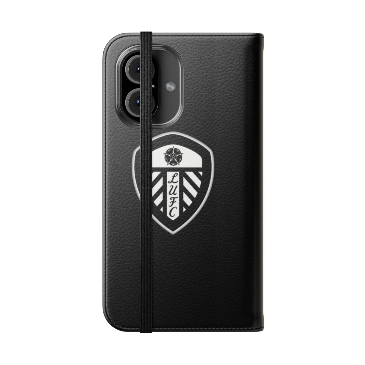 Black and white phone case featuring Leeds United inspired art design - Folded Front