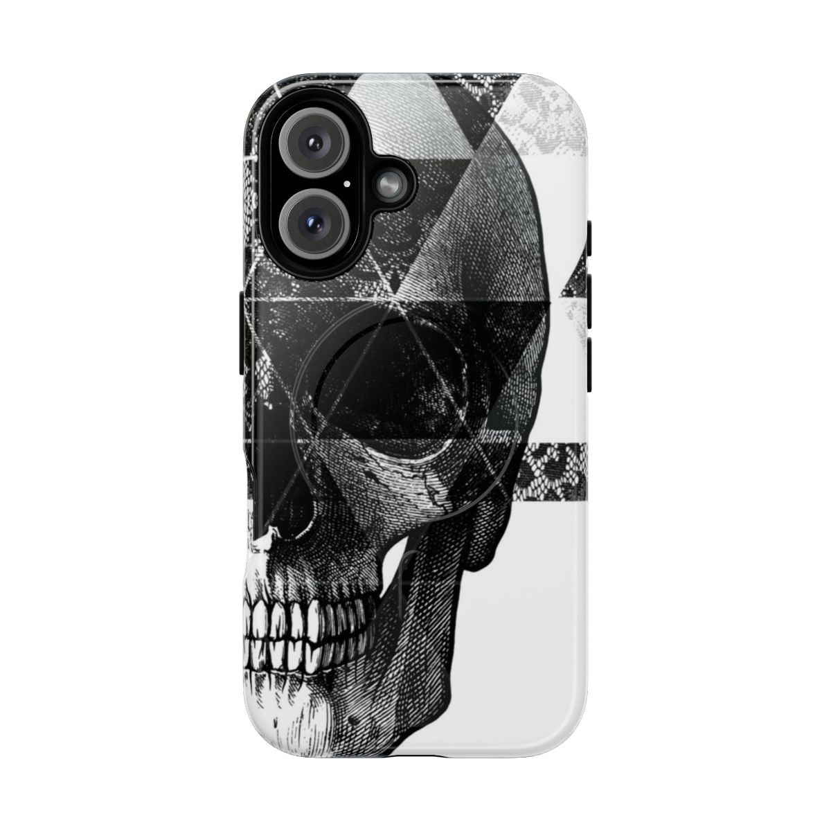 Spooky geometric phone case featuring skulls, triangles, and black and white design