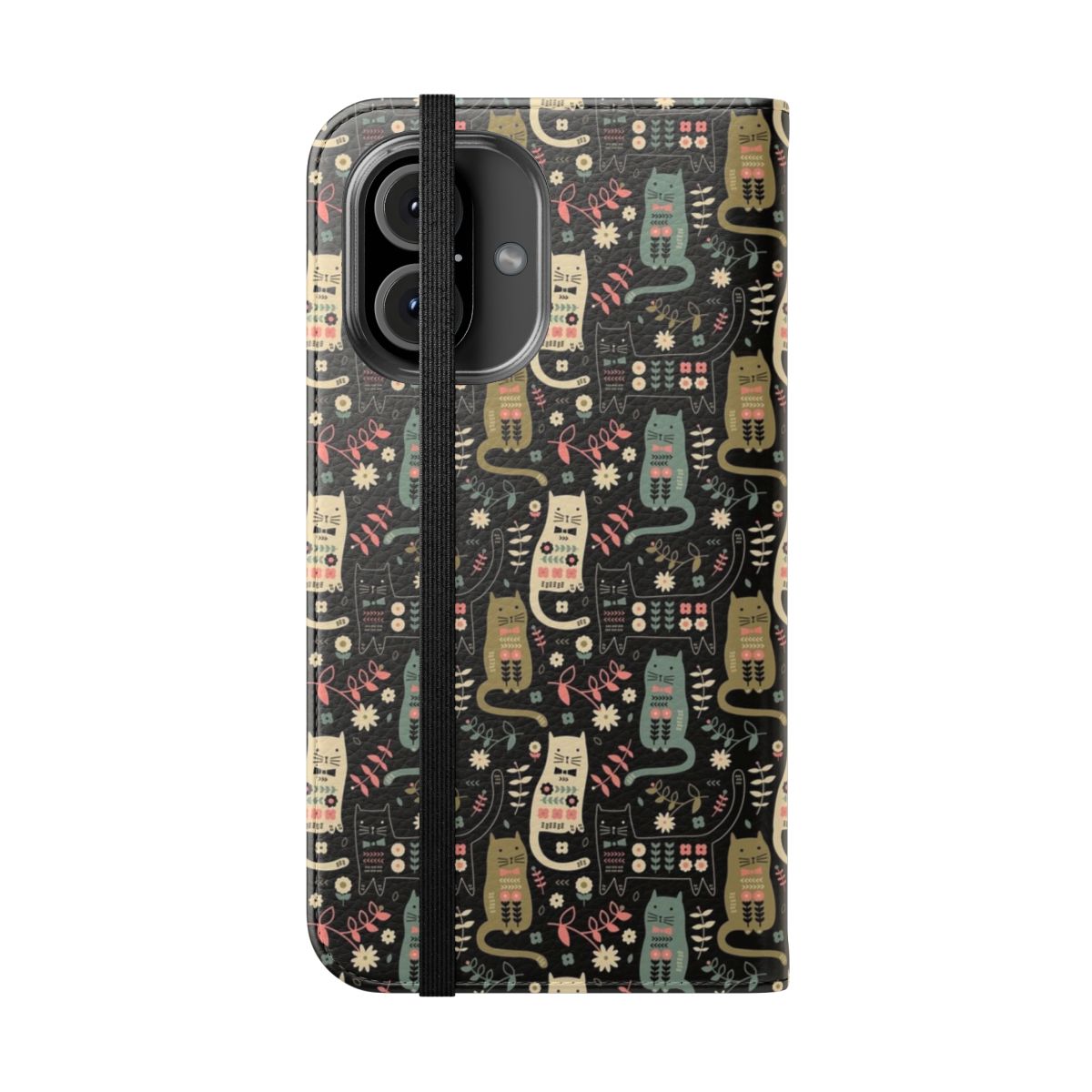 A charming phone case featuring a vintage-inspired cat and floral design. - Folded Front