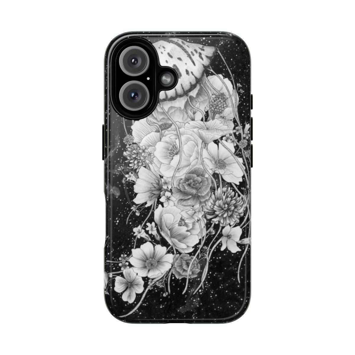 Whimsical phone case featuring a black and white jellyfish design with botanical elements and a starry galaxy background.