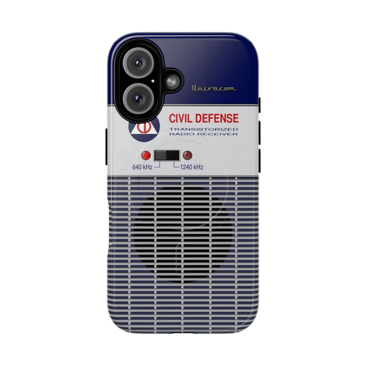 Retro-styled magnetic tough phone case with vintage transistor radio and civil defense graphics