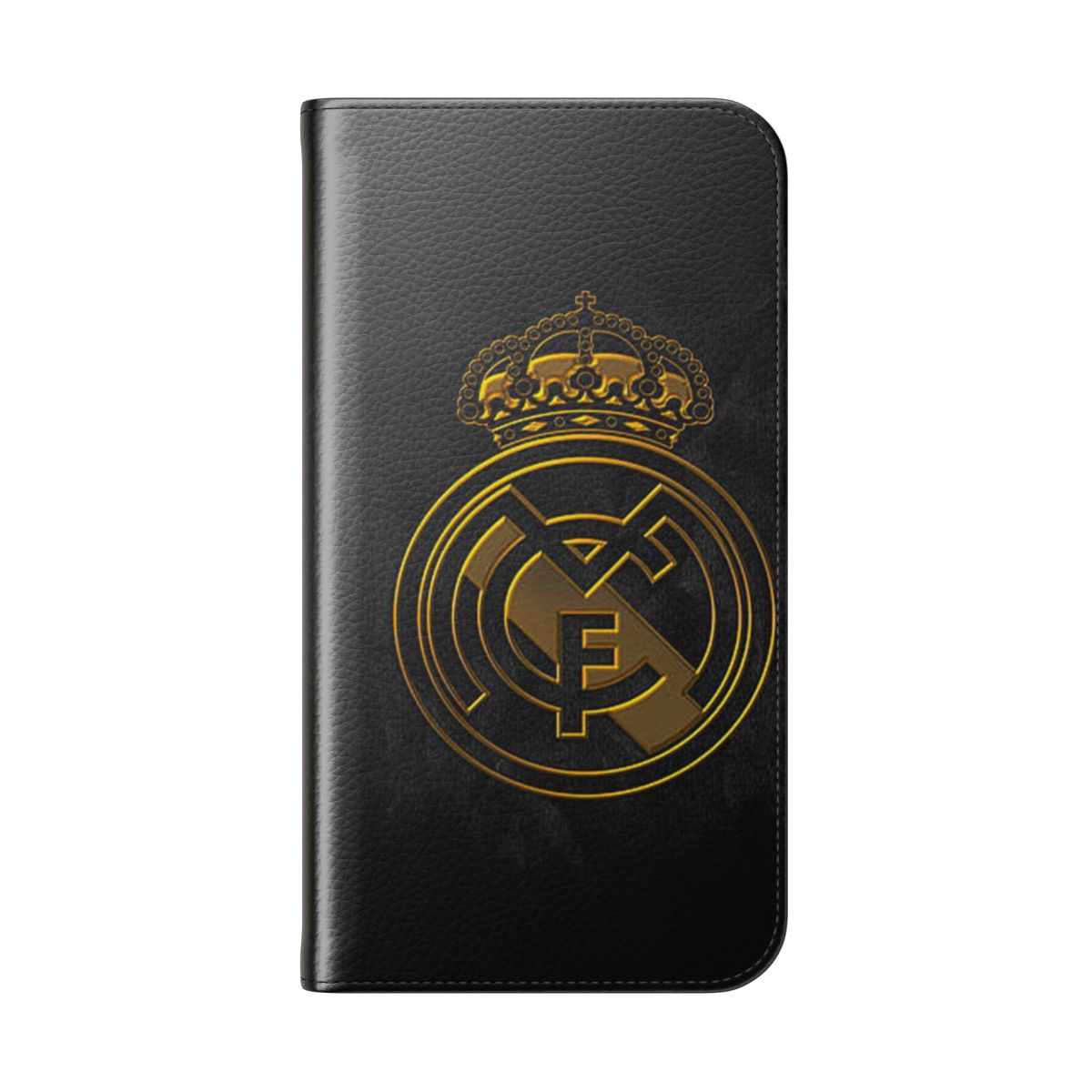 Closeup of a stylish phone case with the Real Madrid logo and colors. - Folded Back