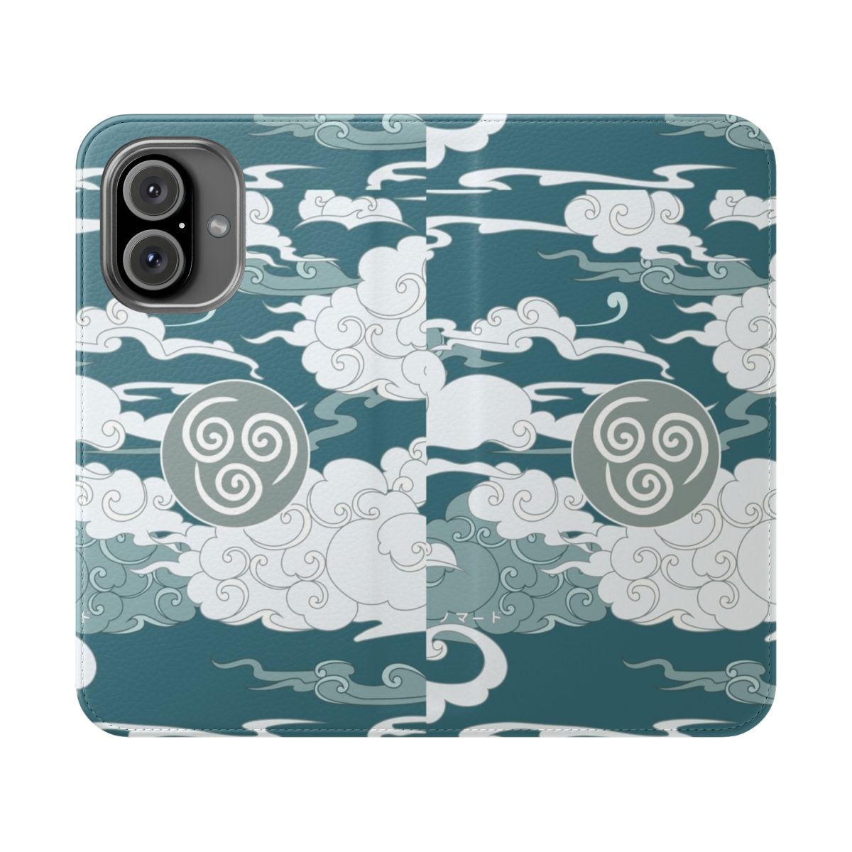 Stylish flip phone case with air nomad mask design, inspired by Avatar the Last Airbender