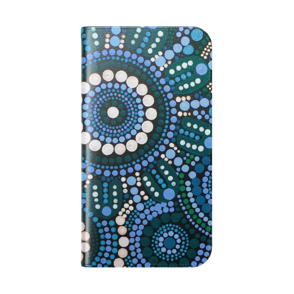 Turquoise blue patterned flip cover phone case inspired by Australian aboriginal art - Folded Back