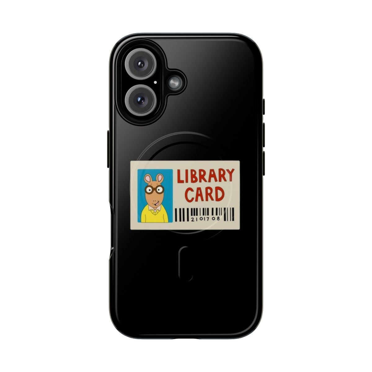 Arthur-themed magnetic phone case with a library card design