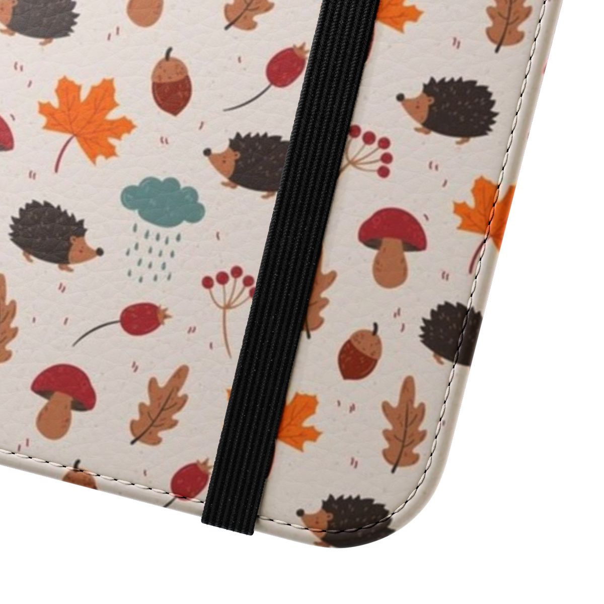 Autumn hedgehog on a leaf with forest background, nature-inspired phone case - Close Up