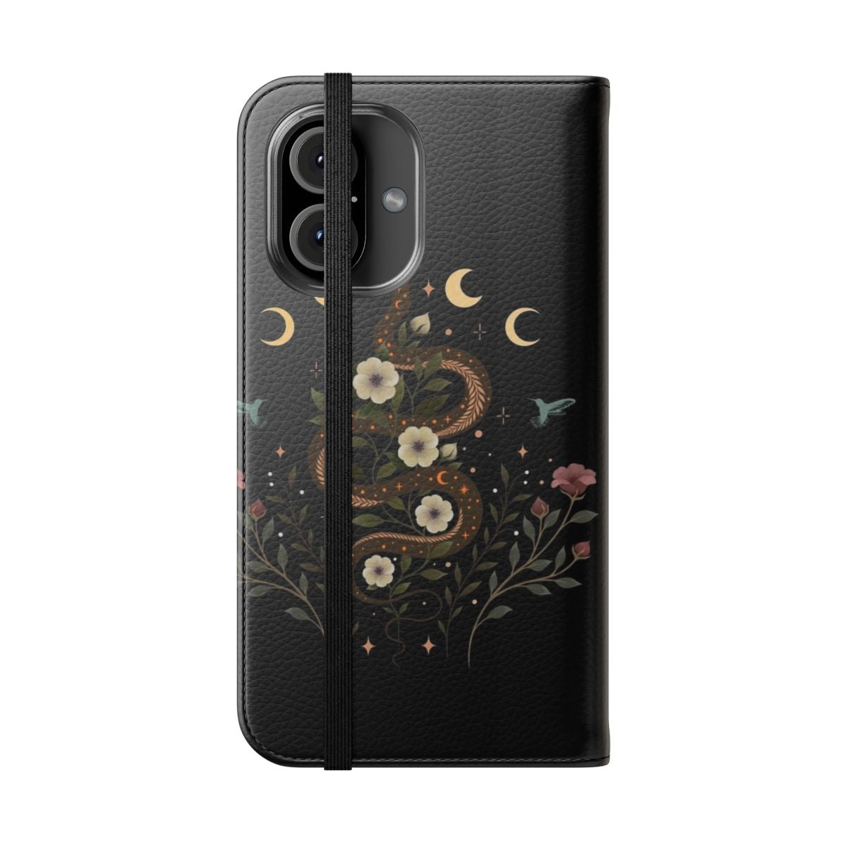 Enchanting flip phone case with a botanical serpent design, featuring a moonlit garden scene. - Folded Front