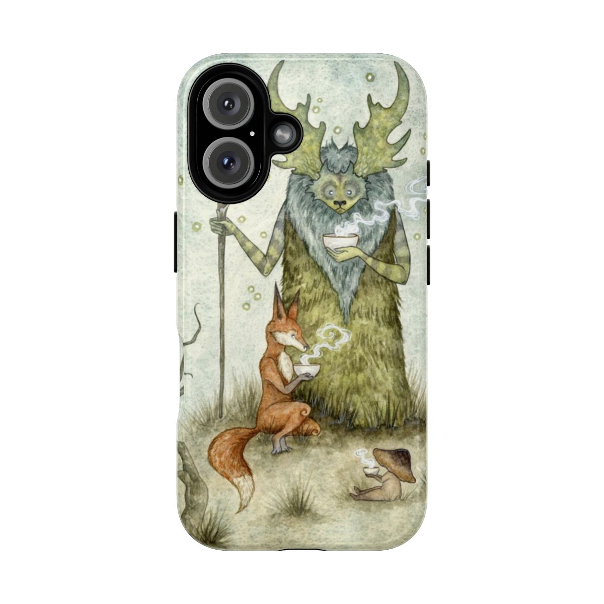 Whimsical phone case featuring a fairy, mushrooms, and a fox in a mystical forest scene