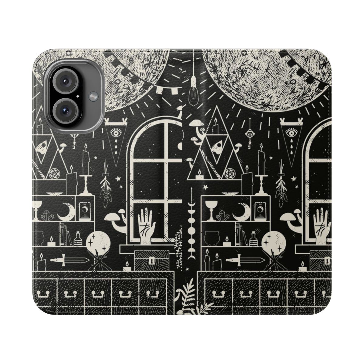 Flip cover phone case with a moon altar design in black and white