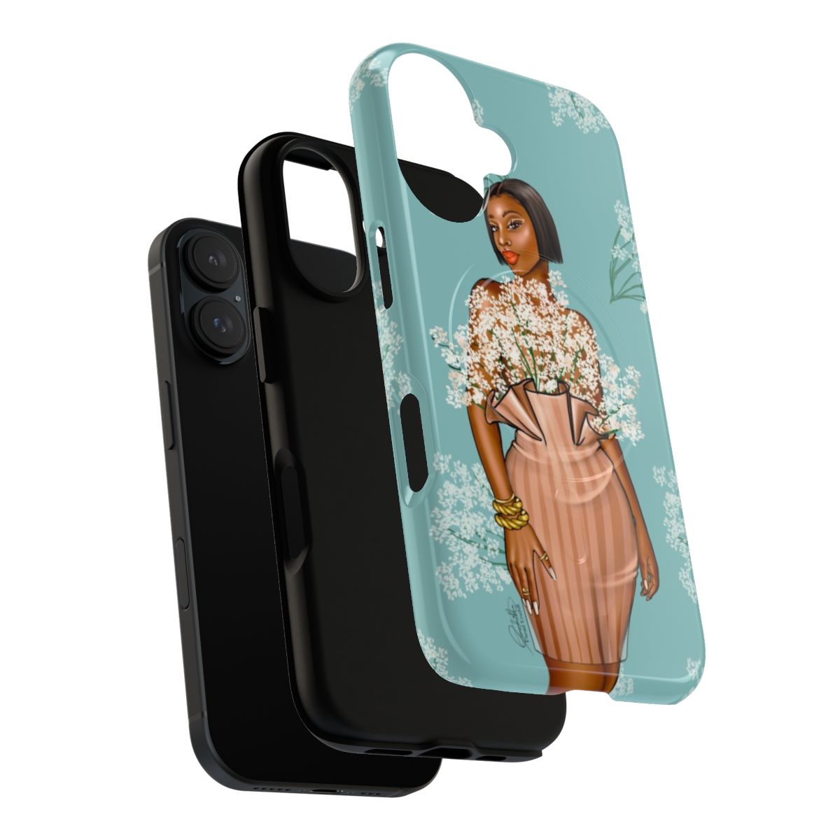 Floral magnetic tough phone case with black art and African American fashion illustration design - Layers