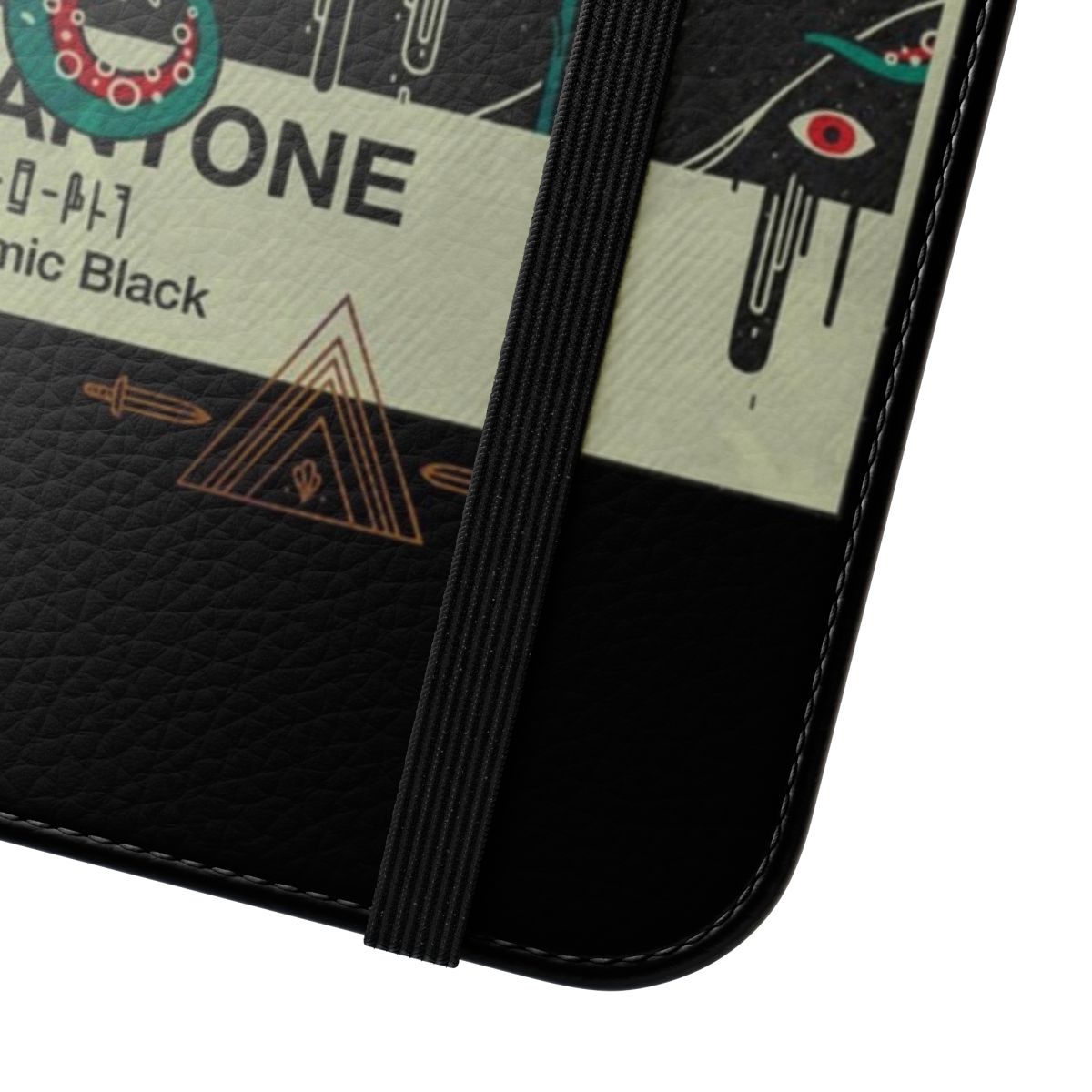 Black flip phone case with Lovecraft-inspired cosmic horror design featuring eyes, tentacles, and geometric patterns. - Close Up