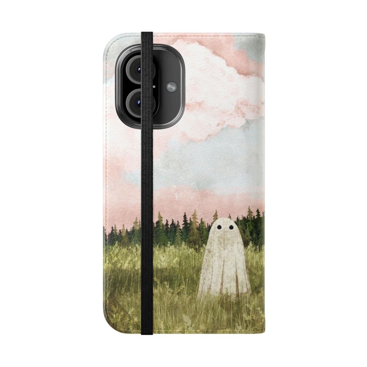 Whimsical cotton candy-colored sky with fluffy clouds and ghostly silhouettes, featured on a phone case. - Folded Front