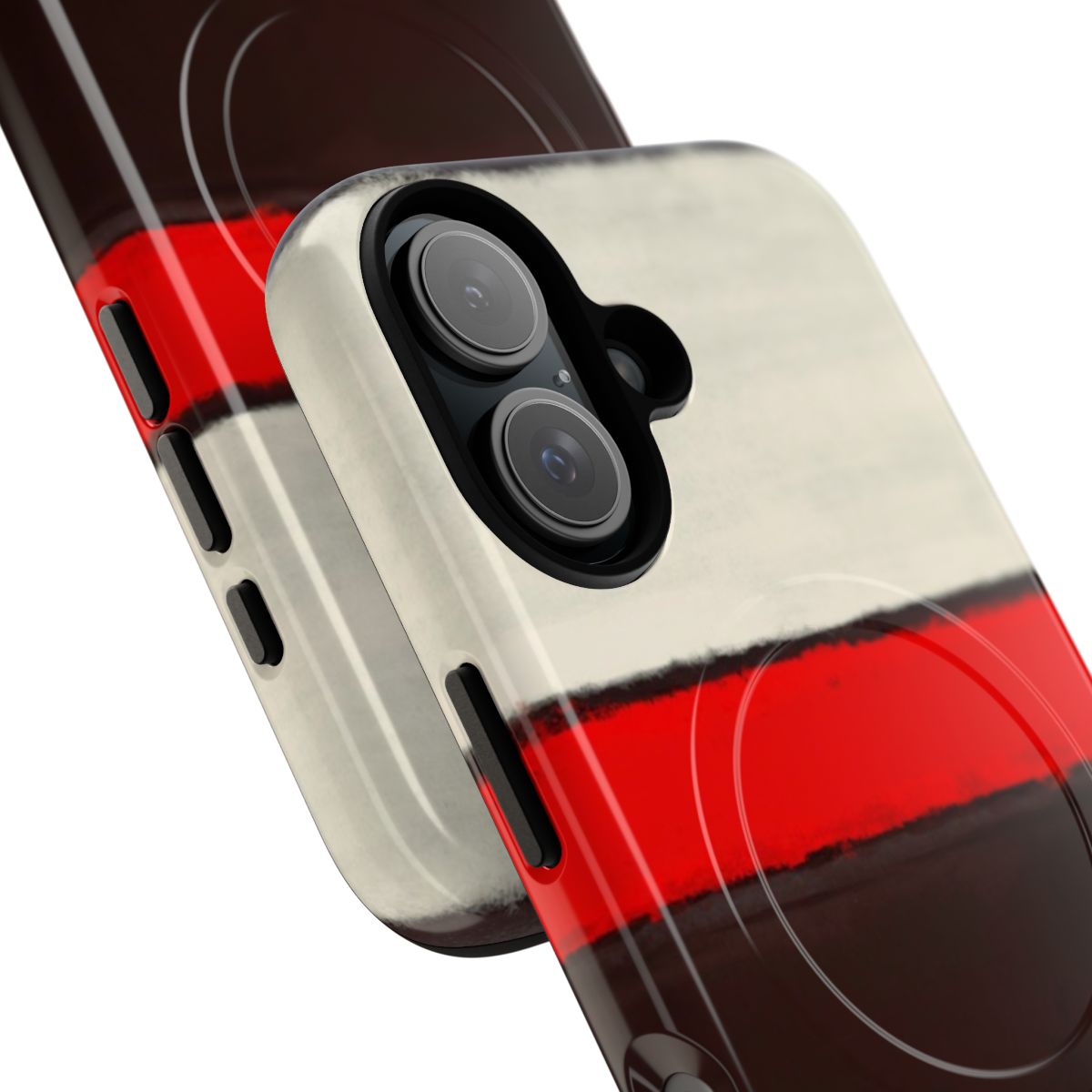 A modern, abstract phone case featuring a bold, colorful design with magnetic closure. - Detail