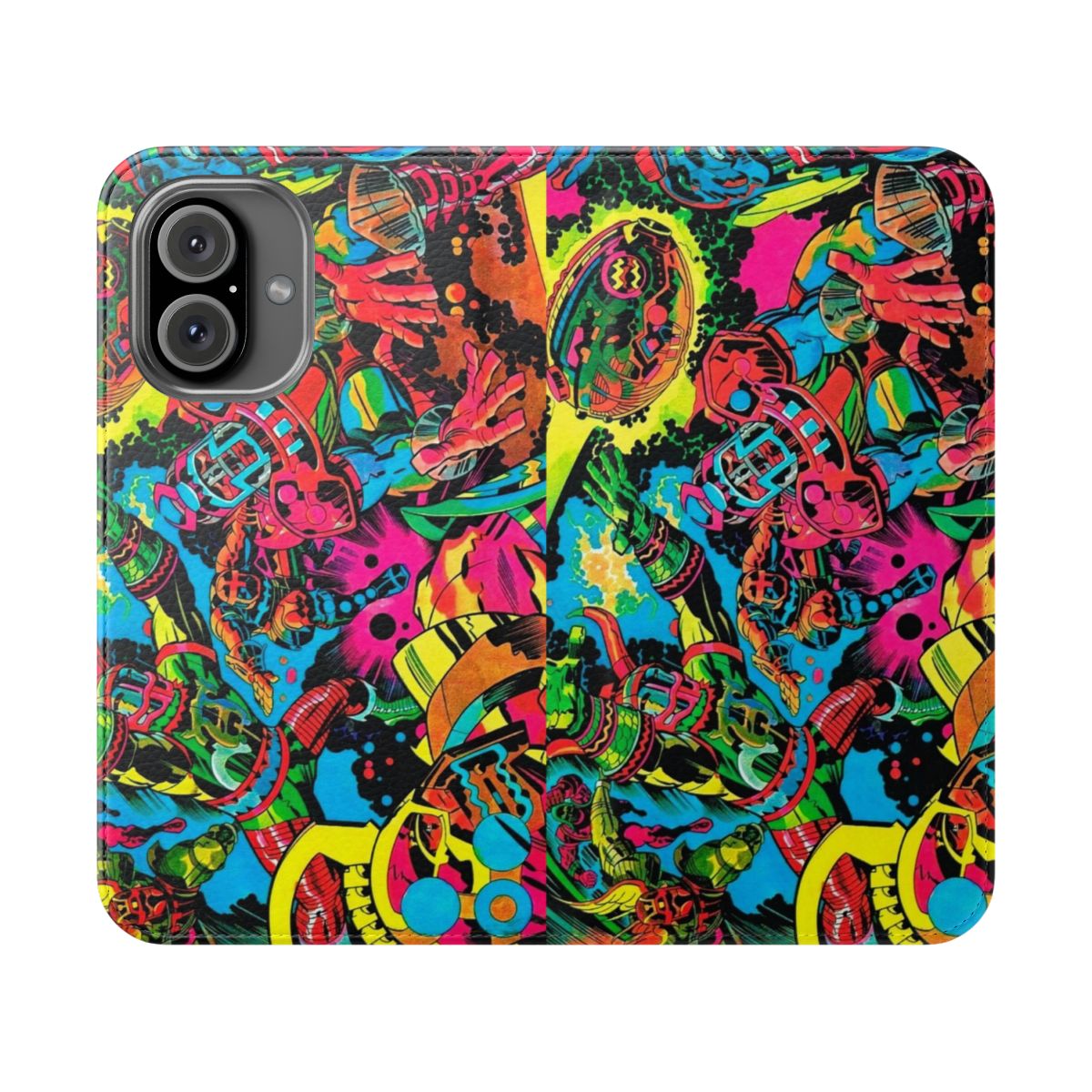 Colorful phone case with retro comic book inspired psychedelic superhero design