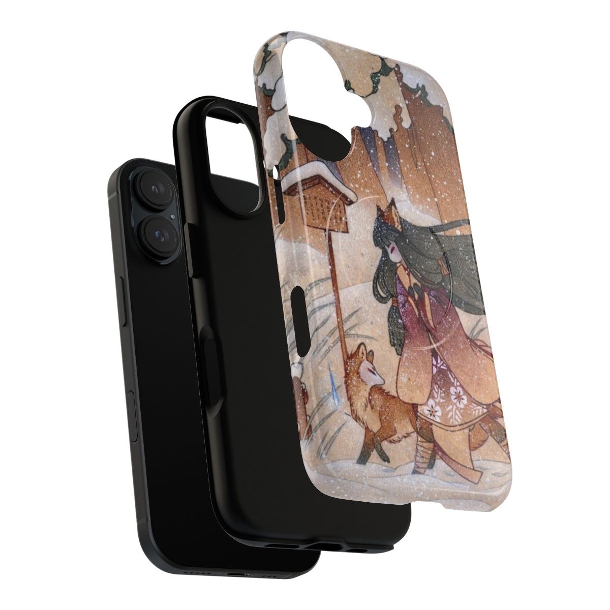 A beautiful phone case featuring a whimsical winter scene with a tea fox, yokai, and snowy forest - Layers