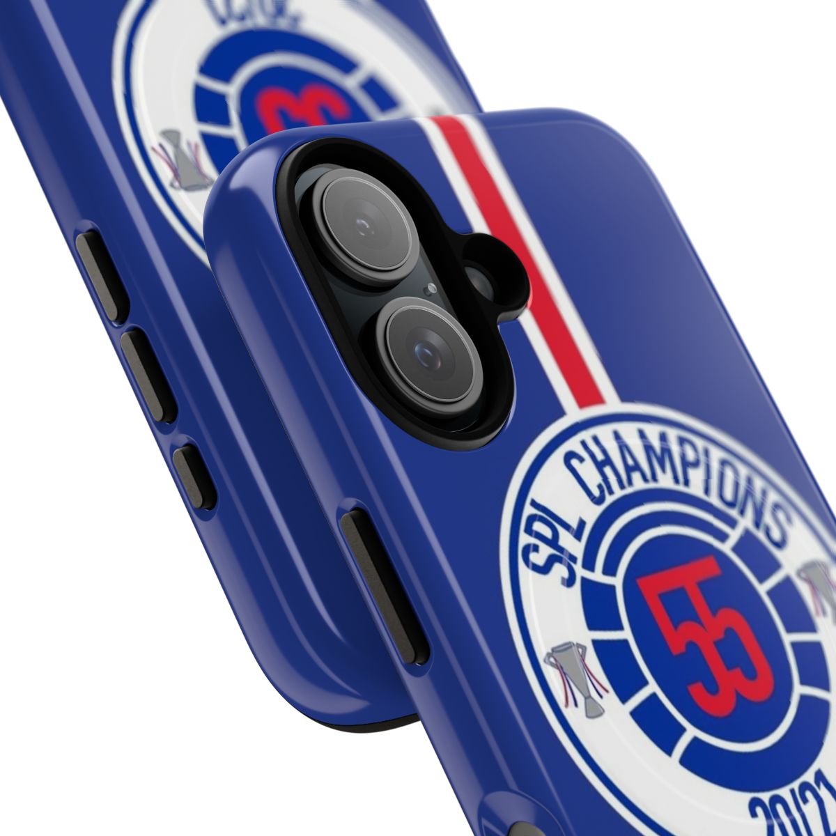 Rangers FC inspired magnetic tough phone case with a mock badge design - Detail