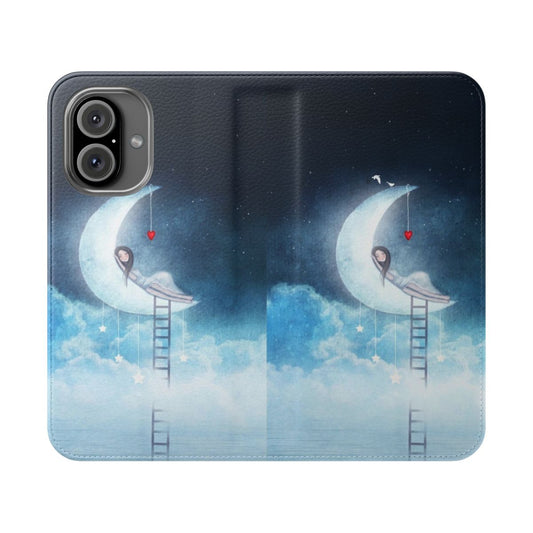 A whimsical flip phone case featuring a girl in a cosmic, surreal space scene with the moon.