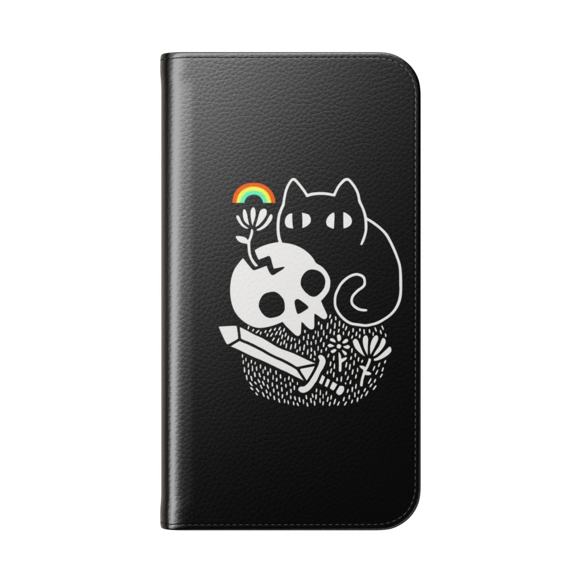 Colorful flip cover phone case with cat, skull, and fantasy design - Folded Back